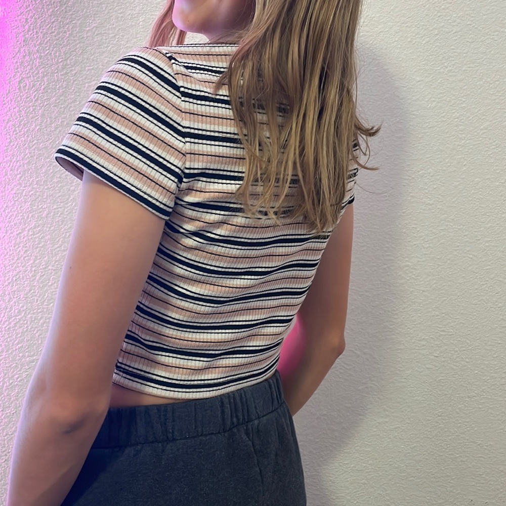 Women black, white, and tan striped cropped top